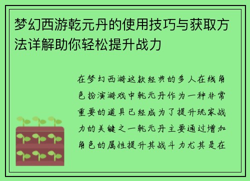 梦幻西游乾元丹的使用技巧与获取方法详解助你轻松提升战力